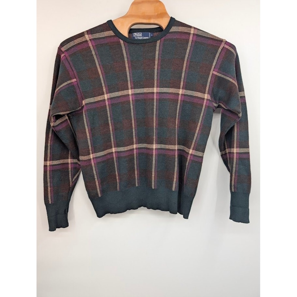 Polo Ralph Lauren Vintage Plaid Windowpane Crewneck Wool Sweater Green Men's L